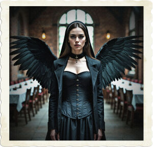 Picture of a brunette with steel grey eyes and large black feathered wings. She is wearing a nuns black skirt, open coat, but a corset instead of a shirt. Located in a large dining hall with brick walls and long tables, and sparsely populated.