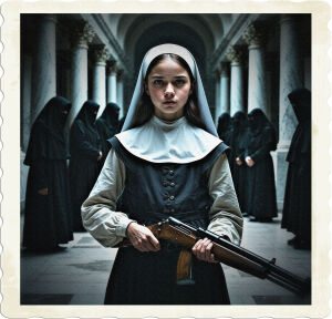 a dramatic, high-contrast cinematic photograph of a girl, early teens, with a determined gaze, porcelain skin, and subtle freckles, wearing a traditional nun's habit, complete with a white wimple and a black veil, holding a vintage rifle, perhaps a Lee-Enfield, with worn wooden stock and a subtle patina, standing confidently in the center of an expansive, dimly lit, ornate hall of white marble, with intricate columns and high ceilings, where several hooded figures, their faces obscured, loom in the shadows, their dark robes blending with the surroundings, the atmosphere thick with mystery and tension.
