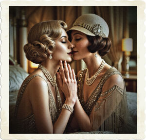 a highly stylized, cinematic photograph of two elegant flappers, captured in a romantic and intimate moment, as one lady with a slender, porcelain-skinned face, adorned with a diamond necklace and a fashionable, curled bob, gently nuzzles her cheek into the manicured hand of her companion, who wears a lavish, beaded fringe dress and a stylish, cloche hat, amidst the opulent surroundings of an art-deco bedroom, complete with lavish velvet drapes, ornate mirrors, and intricately patterned, geometric-shaped furnishings, evoking the glamour and sophistication of 1925 high-class United States, with a warm, golden lighting that accentuates the luxurious textures and ornate details, shot in a shallow depth of field to emphasize the tenderness of the moment.