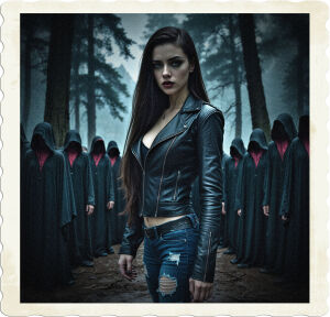 a moody, high-contrast cinematic photo of a young woman with long, dark brown hair, pierced lips, and a subtle smoky eye makeup, wearing a fitted black leather jacket, ripped blue jeans, and scuffed up combat boots, surrounded by a dozen hooded figures clad in dark, flowing robes with subtle crimson lining, their faces obscured by shadows, set against a backdrop of towering, mist-shrouded trees in the depths of a moonless forest, the only light source being the faint, silver glow of distant stars, with the atmosphere thick with tension and mystery, captured in a wide-angle shot with a shallow depth of field, emphasizing the subject's piercing green eyes and the rough, earthy textures of the surroundings.