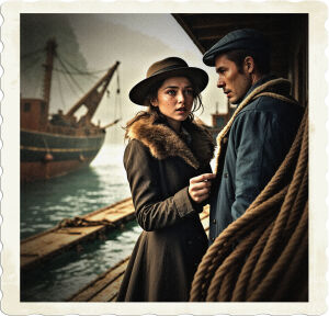 a warm, high-contrast cinematic photo of a young woman with piercing grey eyes, tousled brown hair, and a subtle smattering of freckles across her cheeks, dressed in a long, fitted coat with a fur-trimmed collar and a wide-brimmed hat, soliciting a sailor with a humble, determined gaze, hoping to secure passage on a ship docked in the misty, rugged background of a 1915 Canadian coastal mining town, with worn, weathered wooden planks beneath her feet, and rusty nautical ropes coiled nearby, captured in a shallow depth of field, with a warm, golden lighting that evokes a sense of nostalgia and longing, photography.