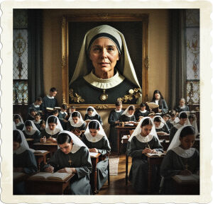a cinematic photo of a room filled with young brothers and nuns all appearing to be in their early twenties with vibrant facial expressions and diverse skin colors, where no one shows signs of aging, except for the matron whose portrait adorns the wall in a large gold frame, exuding a sense of wisdom and age, photography with a warm and inviting color palette and soft natural lighting, the brothers and nuns are engaged in various activities such as reading, writing, and praying, with the matron's portrait serving as a focal point in the room, surrounded by elegant wooden furniture and large stained glass windows, every detail is meticulously captured to convey a sense of serenity and community.