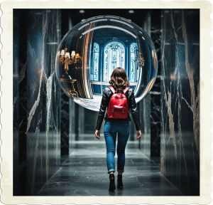 Modern brunette wearing blue jeans, a leather jacket, and a red backpack, walking through a dark hallway make of onyx walls. Ahead of her is a bubble, with a view of a scene from the Roaring Twenties.
