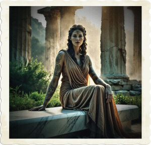 a dramatic, high-contrast photograph of the Oracle of Delphi, with an enigmatic expression, surrounded by lush greenery, sitting on a sleek, modern marble bench, surrounded by ancient Greek ruins, with subtle hints of mist and atmospheric lighting, blending ancient mysticism with contemporary urban scenery, with the Oracle's worn, weathered skin, adorned with intricate, subtle tattoos, and cryptic symbols etched on her arms, wearing a flowing, earth-toned robe, with a subtle sheen, amidst a backdrop of imposing, crumbling stone columns, and a faint, golden glow emanating from the surrounding environment, evoking an atmosphere of mystique, wisdom, and ancient power, as if the Oracle is about to impart a profound, timeless truth.