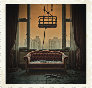 A cinematic photograph captured in a derelict luxury hotel room, with peeling wallpaper, a broken chandelier, and a worn-out velvet couch, amidst a sense of decay and neglect. Outside the grimy window, a window cleaning platform hangs precariously, its rusty metal frame and worn-out ropes a stark contrast to the once-opulent interior. The foggy sky above is a deep, burnt orange, blocking out most of the sunlight, casting an eerie, apocalyptic glow over the scene. Dust and dirt coat every surface, and the air is thick with the scent of decay and forgotten memories. Every element, from the cracked floor tiles to the torn curtains, tells a story of luxury lost and forgotten.