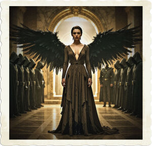 A dramatic, high-contrast, cinematic photograph depicts a lone, statuesque brunette with porcelain skin, full lips, and piercing gaze, standing confidently with her back straight, wearing a flowing, torn, and tattered, dark-brown or black, long-sleeved gown, while her enormous, magnificent, black wings with soft, fluffy feathers and sharp quill-like ends, stretch out majestically from her shoulders, as if ready to take flight. Before her, three ominous, hooded figures, shrouded in shadows, stand in a triangular formation, facing her with an air of malevolence. The scene unfolds in a grand, ornate, and gilded, marble-lined chamber, illuminated by soft, golden, warm, and moody lighting, while in the background, a menacing, armed, and uniformed, assembly of foes, shrouded in darkness, closes in, awaiting their cue. The atmosphere is heavy with tension and foreboding.