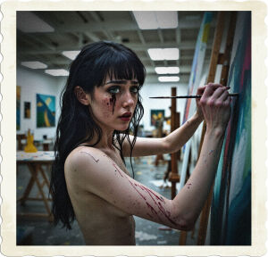 Woman in her twenties with black hair and green eyes without clothes, painting on a canvas in a studio, eyes bloodshot, black eyeshadow smeared due to crying. Space is large, filled with various paintings and sculptures in various states of completion.
