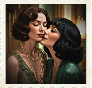 A flapper with brown hair and closed eyes is kissed on the cheek by a woman with black hair and green eyes. Located in an opulent art-deco hotel room, clothing and styles appropriate for 1925 high class United States.