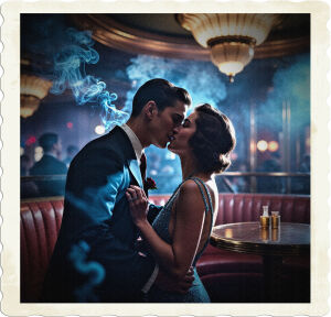 A couple is making out in a dark corner of a club, while the details are missing, their outlines are clearly visible despite there being no visible light. Located in an opulent art-deco club with cigarette smoke filling the air, clothing and styles appropriate for 1925 high class United States.