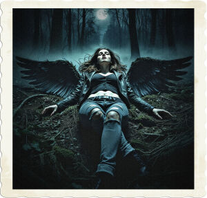 A dramatic, high-contrast, cinematic photograph of a female angel lying motionless on the forest floor, her black wings stretched out to the sides, appearing lifeless amidst the darkness of the deep woods at night. Her brown hair is disheveled, cascading around her pale skin, and she's dressed in modern, dark-toned attire, complete with ripped jeans and a leather jacket. Her eyes are closed, and her facial expression is serene, as if in a state of eternal repose. The surrounding forest is densely packed with towering trees, their branches like skeletal fingers reaching towards the sky. The atmosphere is eerie, with mist swirling around her body, and the only light source is the soft, moonlit glow that filters through the canopy above, casting an otherworldly ambiance.