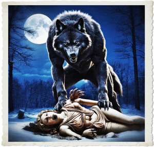 Photo-realistic image of a massive black furred werewolf on its hind legs looming over a mangled Roman goddess. It looks as though it is about to strike with it's clawed hand. Located deep in winter woods at night with the full moon hanging over the air.