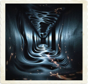 a cinematic photograph of a long dark black hallway with visible ripples and distortions that evoke a sense of temporal turbulence, with pockets of slow-moving time and fast-moving time creating a mesmerizing quagmire of chrono-eddies, the walls and floor of the hallway are shrouded in a deep inky blackness, with faint hints of flickering luminescence that dance across the surface, the overall atmosphere is one of eerie mystique, with the photography style emphasizing the surreal and dreamlike quality of the scene, using a mix of sharp lines and blurred textures to convey the distortions of time and space.