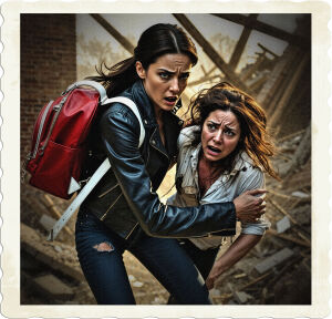 a dramatic, high-contrast, cinematic photograph of a young woman with a strong jawline, dark brown hair, and piercing green eyes, dressed in fitted jeans, a black leather jacket with silver accents, and a vibrant red backpack with white straps, intensely focused on pulling a distressed woman with a pale complexion, tangled brown hair, and a torn white shirt, out of the dusty, debris-filled rubble of a destroyed brick building with exposed wooden beams, amidst a somber, overcast sky, capturing the intense struggle and urgency of the rescue scene, with the subjects positioned in the center of the frame, surrounded by chaos, and the atmosphere lit with warm, golden tones.