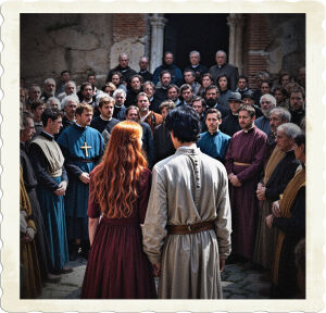 A red-haired maiden, and a black-haired man equally blessed with youth. A crowd was formed in a half-circle facing the couple. Their clothes looked to be hand-me downs of a 1900s religious orders clothing. There was little colour variation, but many had taken the time to alter their clothing so they would stick out. Located in a pristine Roman town.
