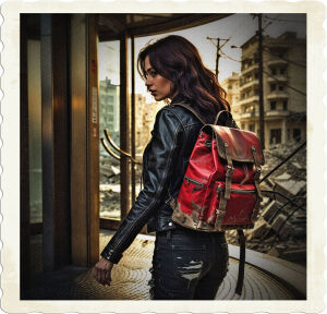 a moody, high-contrast cinematic photograph of a young woman with dark, chestnut-brown hair and deep, earthy brown eyes, wearing distressed skinny jeans, a fitted, black leather jacket with silver hardware, and a vibrant red backpack with worn, rugged straps, as she steps out of the sleek, modern revolving door of a luxurious, high-rise hotel, her gaze cast downward, onto a desolate, war-torn urban landscape with crumbling buildings, tangled power lines, and rubble-strewn streets, with a warm, golden light casting long shadows across the devastation, photography.