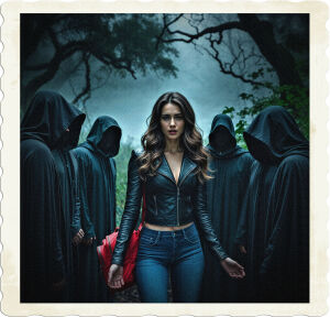 a dramatic, high-contrast, cinematic photograph of a confident young woman with long, wavy brown hair, wearing a fitted black leather jacket, tight-fitting blue jeans, and a vibrant red backpack, regaling a group of five men dressed in dark, hooded robes, their faces obscured by shadows, gathered around her in a semi-circle, amidst the misty, eerie atmosphere of a dark, moonless night in the woods, the only light source coming from a faint, misty glow in the distance, casting an ethereal ambiance, with lush, dark green foliage and twisted tree branches looming in the background, shot in a shallow depth of field, with the woman as the central focus, her facial features soft and illuminated, while the men in the background fade into the darkness.
