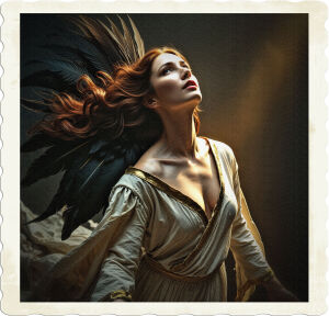 a dramatic, high-contrast, cinematic photograph, reminiscent of a Baroque-era Biblical painting, where a striking woman, with a rich, dark, chestnut-brown hair, flowing down her back, and large, sweeping, black feathers sprouting from her shoulders, rises from the dead, her eyes cast upwards, with an ethereal, golden light illuminating her tranquil, determined face, with olive-toned skin, and delicate, yet strong facial structure, her lips parted, as if taking a deep breath of new life, her tattered, cream-colored robes, with golden trim, fluttering, as if blown by an unseen wind, amidst a dark, gradient background, with subtle, warm undertones, evoking a sense of mystery and rebirth.