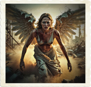a dramatic, high-contrast, cinematic photograph of a wounded angel, rising from a cloud of dust and debris, set against a desolate, post-apocalyptic backdrop of ruins and twisted metal, with a warm, golden light casting long shadows, illuminating the angel's worn, weathered face, with piercing blue eyes, scarred cheeks, and a strong jawline, adorned with torn, tattered, and blood-stained white wings, surrounded by remnants of a devastated cityscape, with shattered glass, broken concrete, and twisted rebar, in a warm, muted color palette with shades of orange, yellow, and brown, evoking a sense of devastation and rebirth.