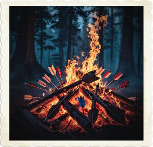 a dramatic, low-angle, cinematic photograph of a roaring campfire engulfed in flames, with dozens of arrows of varying sizes and types arranged chaotically, their wooden bodies crackling and ablaze, surrounded by a darkness so profound it appears almost palpable, set amidst the towering, silhouetted trees in a dense, misty forest on a moonless night, the warm, golden light of the fire casting an eerie glow on the mist, photography.