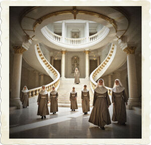 A serene and majestic photograph of a grand, opulent hall featuring sweeping circular staircases with intricately carved white marble balustrades, adorned with warm, golden brass accents that glimmer softly in the gentle, ethereal light. The atmosphere is idyllic, peaceful, and heavenly, with not a single imperfection to be found, evoking a sense of divine presence. In this tranquil setting, a group of nuns and monks in traditional, elegant habits, with gentle, kind faces, soft, creamy complexions, and eyes filled with compassion, move about with quiet reverence, their quiet footsteps echoing softly off the marble floors. The soft, warm light bathes everything in a sense of serenity, adding depth and dimension to the scene, while the subtle shadows create a sense of intimacy and mystery, inviting the viewer to step into this heavenly realm.