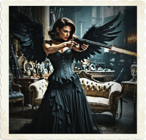 a cinematic photo of a brunette woman with a fierce expression, wearing a black corset with lace trim and a flowing black skirt, accompanied by large black feathered wings with intricate details, shooting a vintage couch with a tommy gun, surrounded by a massive space filled with an assortment of weapons, glittering jewelry, elegant clothing, and ornate furniture, with a dramatic lighting setup, rich textures, and deep shadows, in a photography style that blends noir and fantasy elements, with bold lines, and muted colors, capturing the intensity of the scene.