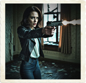 a cinematic, high-contrast photograph of a mysterious brunette with piercing grey eyes, wearing a worn, black leather jacket, fitted blue jeans, and a crisp, white blouse with a subtle sheen, standing in a dimly lit, derelict hotel room with peeling wallpaper and a worn, wooden floor, shooting a pistol at a broken, dirt-stained window with shattered glass and torn curtains, the Pistol's metallic body glinting in the faint, eerie light, capturing the intensity and grit of the scene, with a shallow depth of field to emphasize the subject, shot in a 2.35:1 aspect ratio to create a sense of cinematic grandeur.