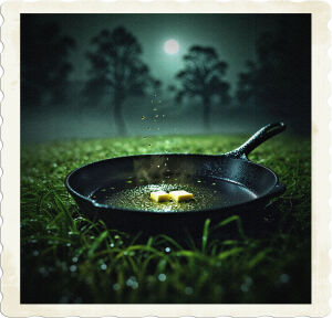 a dimly lit, cinematic photograph featuring a scorching hot cast iron pan, its metal glistening with dew, sitting atop a lush, wet grass lawn on a misty night, with the pan's sizzling butter or oil droplets glistening in the faint moonlight, surrounded by an eerie, dark silhouette of trees in the background, with a shallow depth of field blurring the ambient environment, emphasizing the pan's textures and the sizzling sounds it evokes, in a warm, earthy color palette with hints of greens and yellows, captured with a low-angle shot and a wide aperture to create a sense of intimacy and drama.