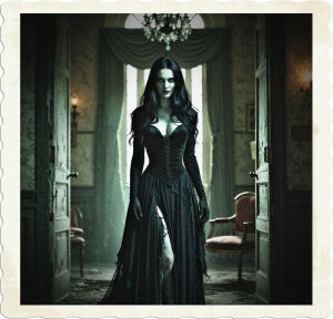 a moody, cinematic photograph of a mysterious female vampire with raven-black hair cascading down her porcelain complexion, piercing emerald green eyes gleaming with malevolent intent, and a wicked, sly smile playing on her full, pale lips, as if savoring the anticipation of her next victim. She wears a flowing, tattered black gown with torn velvet fabrics, its hem tangled around her ankles, and stands tall, statuesque, facing the worn, ornate door of a decrepit luxury hotel room, its once-opulent furnishings now shrouded in dust and cobwebs, with faded, peeling wallpaper and a chandelier hanging precariously from the ceiling, casting eerie shadows that dance across the walls, evoking an atmosphere of foreboding and decay.
