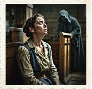 A woman sitting at a confessional, closing her eyes and listening intently as something dark approaches. Looks tired, worn, and very much the worse for wear. Clothing and styles appropriate for 1915 Canadian coastal mining town.