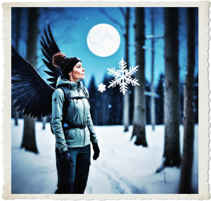 Photo-realistic image of a black winged brunette wearing hiking cloths with large black wings is looking at a snow flake. The flake is paused in mid-air, and the the world is blurred save for the brunette and snow flake. Located deep in winter woods at night with the full moon hanging over the air.