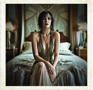 Flapper so sweaty that she has soaked through her gown and her hair is dripping with perspiration. Located in an opulent art-deco bedroom, Clothing and styles appropriate for 1925 high class United States.