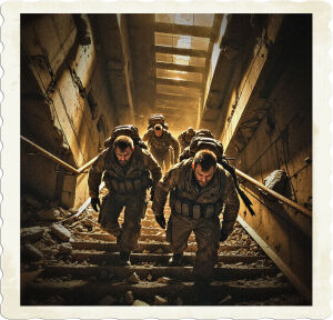 a gritty, high-contrast cinematic photo of several battle-worn post-apocalyptic soldiers in tattered, earth-toned uniforms and worn, weathered gear, their faces etched with determination and exhaustion, as they urgently ascend the dimly lit, debris-strewn emergency stairwell of a ravaged skyscraper, the crumbling concrete walls and rusted metal railings looming large in the frame, their footsteps echoing through the desolate atmosphere, with a warm, golden light casting long shadows and highlighting the rugged textures of the scene, shot from a low angle to emphasize the heroes' struggle and the towering, ominous skyscraper looming above them.