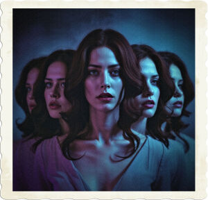 a cinematic, high-contrast photograph of a woman with rich, dark brown hair, her identity fractured into multiple personas, each with subtle variations in expression, posture, and attire, set against a muted, atmospheric background with subtle gradients of blue and purple, with bold, dramatic lighting that accentuates the subject's features, capturing the intricate details of her skin, with a slight emphasis on the textures of her hair, clothing, and surroundings, evoking a sense of mystery and introspection, as if the viewer is witnessing a private, inner struggle, with the multiple personas blending seamlessly into one another, creating a dreamlike, surreal atmosphere.