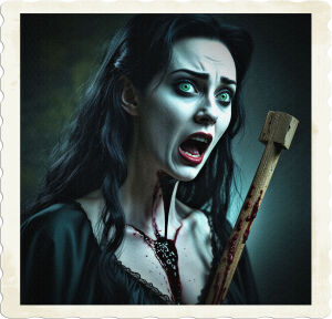a dramatic, high-contrast, cinematic photo of a pale-skinned female vampire with raven-black hair cascading down her back, piercing emerald green eyes, and a look of utter shock and horror on her face, her eyebrows arched and her mouth agape, as a wooden stake perforates her chest, blood trickling slowly from the wound in thick, crimson droplets, her skin illuminated by a faint, eerie moonlight, with dark, muted colors in the background, and a shallow depth of field to emphasize the subject, shot in a vertical orientation with a narrow aperture to create a sense of intimacy and foreboding.