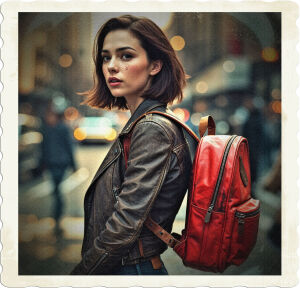 a cinematic photograph of a young adult brunette woman with a striking, heart-shaped face, rosy cheeks, and bright brown eyes, wearing fitted blue jeans, a worn, dark brown leather jacket with silver zippers, and a vibrant, fire engine red backpack with worn, faux-leather straps, eerily suspended in a translucent, crystal-clear bubble, its surface oscillating with an ethereal, iridescent glow, evoking the shimmering transition between air and water, as if time stands still for her, while the blurred, muted, metropolitan cityscape surrounding her – complete with blurred pedestrians, cars, and buildings – appears to move in fast motion, frozen in a whirlwind of activity, with soft, warm, golden lighting illuminating the entire scene, capturing the sense of disconnection and isolation, photography.