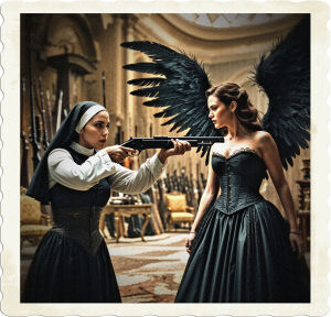 a cinematic photo of a nun with a determined expression and piercing brown eyes taking aim with a sleek black rifle at a brunette woman wearing a black corset with lace details and a flowing black skirt, accompanied by large black feathered wings with intricate textures, set against a massive space filled with an assortment of weapons, sparkling jewelry, ornate clothing, and elaborate furniture, with a mix of warm and cool tones, and a sense of dramatic lighting, captured through photography.
