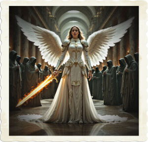 a dramatic, high-contrast, cinematic photo of a majestic female angel with soft, luminescent, oversized white feathered wings, spanning at least three times her height, adorned in intricate, ornate, full-body white armor with gold accents, grasping a fiery sword with a gleaming silver hilt, set against a backdrop of a grand, dimly lit, expansive marble hall with towering ceilings and sweeping arches, surrounded by a circle of mysterious, hooded figures draped in dark, tattered robes, their faces obscured in shadow, with soft, golden, warm lighting casting an ethereal glow on the scene, captured in a wide-angle shot with a shallow depth of field, emphasizing the angel's powerful, heroic presence, in a style reminiscent of classical Renaissance paintings.