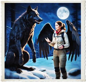 Photo-realistic image of a brunette in her thirties with large black wings wearing hiking clothes. She is standing near a large black-furred werewolf standing on its hind legs, towering over the woman. They look as though they are having a conversation. Located deep in winter woods at night with the full moon hanging over the air.
