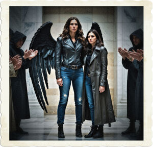 Brunette with large black featured wings, wearing jeans and a leather coat stands besides a younger brunette wearing the same. They are surrounded b hooded figures applauding, while the two unrelated women look uneasy. Located in  great hall made up of white marble.