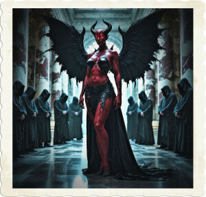 a dramatic, high-contrast cinematic photograph of a statuesque female demon with dark, leathery black wings that stretch out to her sides, feathery edges slightly ruffled, standing tall in a grand, high-ceilinged marble hall, with intricately carved columns and polished stone floors that reflect the dim, eerie light, their faces obscured by dark, tattered hooded robes, gathering around her with an air of foreboding, the demon's skin a deep, crimson-tinged red, her features chiseled, with sharp cheekbones, a small, pointed chin, her eyes glowing like embers, as if lit from within, her presence commanding attention, surrounded by an aura of dark mysticism.