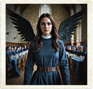 Front view of a brunette with steel grey eyes and large black featured wings wearing a habit. She is walking into a large dining hall with stone walls with long tables. The room is full of brothers and nuns, and all are focused on her.