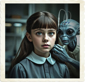 Picture of a girl with brown hair and grey eyes. She wears something like a nuns uniform. Sitting in what appears to be a lab, with a grey alien with big eyes, small mouth, working on the back of her head with electrodes visibly handing from the back of hr head.
