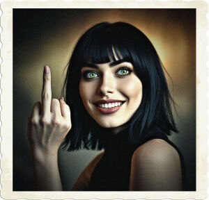 a high-contrast, cinematic photograph of a young woman with shoulder-length, dark black hair and piercing green eyes, her bright smile and raised eyebrows conveying a sense of playful sassiness as she extends her middle finger in a carefree, rebellious gesture, set against a blurred, monochromatic background with a subtle gradient effect, the overall mood evoking a sense of confident nonconformity, as if captured in a candid moment from a gritty, indie film noir, the lighting dramatic, with strong shadows accentuating her defined facial features, smooth, porcelain-like skin, and full lips, her eyes sparkling with mischief, the entire scene rendered in a palette of muted, earthy tones with subtle hints of warm golden light.