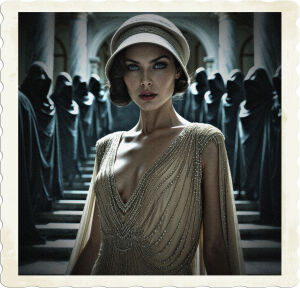 a cinematic, high-contrast, black-and-white photograph of a striking brunette woman with piercing steel grey eyes, adorned in an intricately beaded, champagne-colored flapper gown that drapes elegantly across her slender figure, paired with a matching cloche hat, tilted at a charismatic angle, set against the opulent backdrop of a grand, high-ceilinged marble hall with ornate columns and a sweeping staircase, wherein she is encircled by a gathering of mysterious, hooded figures shrouded in darkness, their faces obscured by the shadows, creating an air of intrigue and mystique, with dramatic spotlights casting long, ominous shadows across the floor, and the atmosphere thick with anticipation.