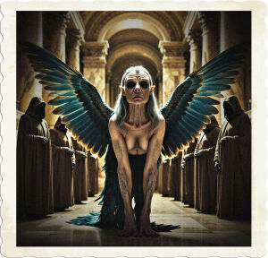 A dramatic, high-contrast photograph of a harpy, with accentuated hag-like features, including wrinkled, pale skin, a crooked nose, and sunken eyes, situated in a grand, opulent marble hall with towering columns and vaulted ceilings, surrounded by a semicircle of mysterious, hooded figures, their faces obscured by the shadows of their hoods, with an atmosphere of foreboding and mystique, captured in a cinematic style with warm, golden lighting and deep, rich shadows, evoking a sense of ancient, mystical power and forgotten knowledge, with the harpy's wings and feathers a deep, iridescent blue, and the hooded figures' robes a dark, muted brown, with intricate, ornate details on the marble hall's architecture.