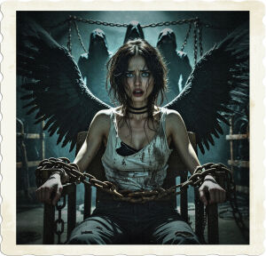 A dramatic, high-contrast, cinematic photograph of a brunette woman with steel-grey eyes and porcelain skin, her dark hair messy and disheveled, surrounded by large, black, intricately detailed feathered wings strapped to her arms, spread wide, and bound to a worn, wooden chair with thick, rusted metal chains, illuminated by a harsh, directional light source casting deep shadows, evoking a sense of foreboding and desperation. She wears a worn, white, sleeveless top, torn and frayed, her eyes fixed on some unseen terror, as dark, ominous figures loom in the background, their faces obscured by shadows, surrounded by an array of sinister, rusted, and cruel-looking tools of interrogation, reminiscent of an old war movie, with a focus on the subject's anguished expression, and the ominous atmosphere of the scene, captured in a gritty, realistic style.