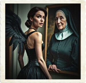 a cinematic photo of a brunette woman with expressive brown eyes and smooth pale skin wearing a flowing black skirt and a tightly laced corset with large black wings attached to her back, she turns around with a curious expression and spots a formal portrait of an older woman with a gentle face and wrinkled skin wearing a traditional nun's habit, the photo is shot in a dramatic style with deep shadows and soft lighting, with a mix of dark and muted colors, the overall mood is mysterious and intriguing, the subject is centered in the frame with the portrait hanging on a wall in the background, the photography style is highly detailed and realistic.