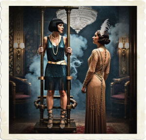 a dramatic, high-contrast cinematic photograph of Flapper, a elegant woman with bobbed hair, adorned in pearls and a fringe dress, bound to a ornate, polished bronze rack with thick, worn leather straps, her wrists and ankles secured, as another woman, dressed in a luxurious, beaded, long-sleeved gown, with a feathered headband, stands tall, gazing upon her prisoner with a mixture of curiosity and concern, amidst the opulent art-deco backdrop of a lavish, smoke-filled room, adorned with intricately patterned wallpaper, ornate mirrors, and a stunning crystal chandelier, evoking the glamour and sophistication of 1925 high-society United States.