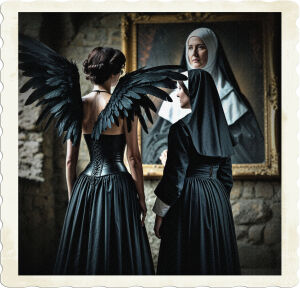 a cinematic photo of two brunettes seen from the back, one wearing a long black skirt, a tight black corset, and large black feathered wings that stretch upwards, the other wearing a traditional black nun's habit with a white wimple, both standing in a dimly lit room with old stone walls, looking at a large antique portrait of a mature matron wearing a similar habit, the portrait has a golden frame and intricate details, the photography style is moody and dramatic with shallow depth of field, the colors are muted with shades of black, grey, and dark brown, the overall atmosphere is mystical and contemplative.