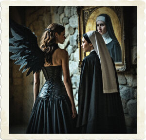 a cinematic photo of two brunettes seen from the back, one wearing a long black skirt that falls in folds to the floor, a tightly laced black corset, and large black feathered wings that stretch upwards, the other wearing a traditional black nun's habit with a white wimple and veil, both looking at an old portrait of an ancient nun wearing a similar habit, the portrait ornate and gold-framed, hanging on a dimly lit stone wall, photography in a dramatic and mystical style with deep shadows and soft, golden lighting.